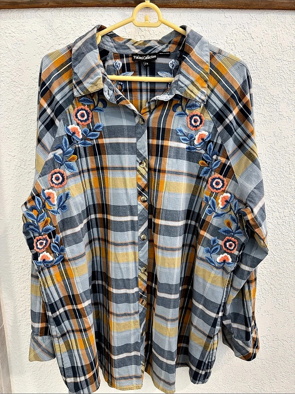 Tolani Collection Plaid Embroidered Button Down Flannel Gray & Orange 2X